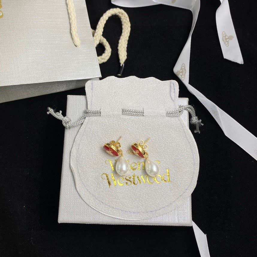Vivienne Westwood Red Enamel Pearl Drop Earrings